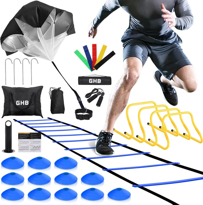 GHB Agility Ladder,Football Training Equipment Set,4 Agility Hurdles, 20 feet12 Rungs Speed Ladder,12 Disc Cones,Resistance Parachute, Jump Rope, 5 Resistance Bands - Image 1